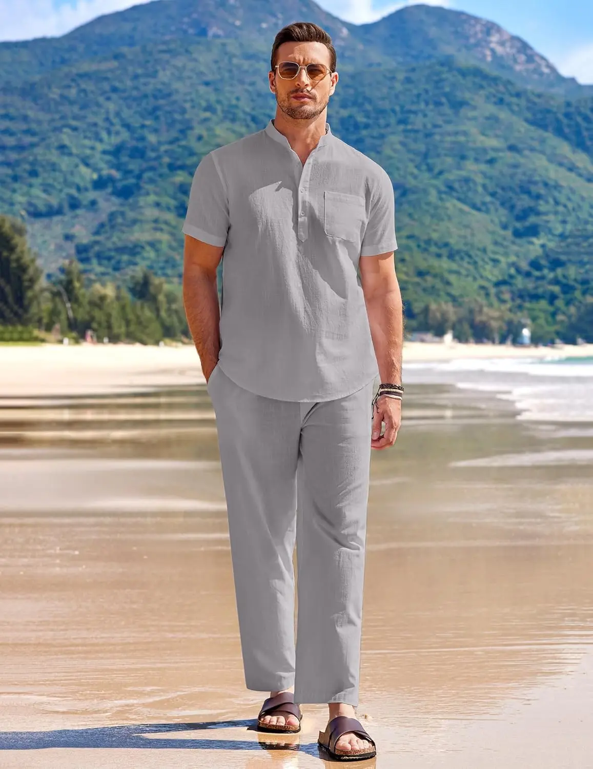 10 Pack-Men's 2 Pieces Cotton Linen Set Casual Short Sleeve Henley Shirts Beach Yoga Pants Summer Outfits