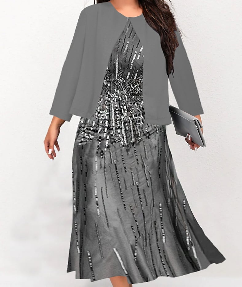 Women's Plus Size Dress Set Pure Color Crew Neck 3/4 Length Sleeve Fall Winter Stylish Midi Dress Formal Work Dress