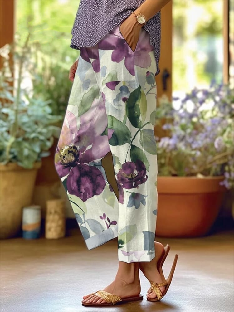 Women's Botanical Floral Design Loose Pocket Patchwork Casual Pants b283