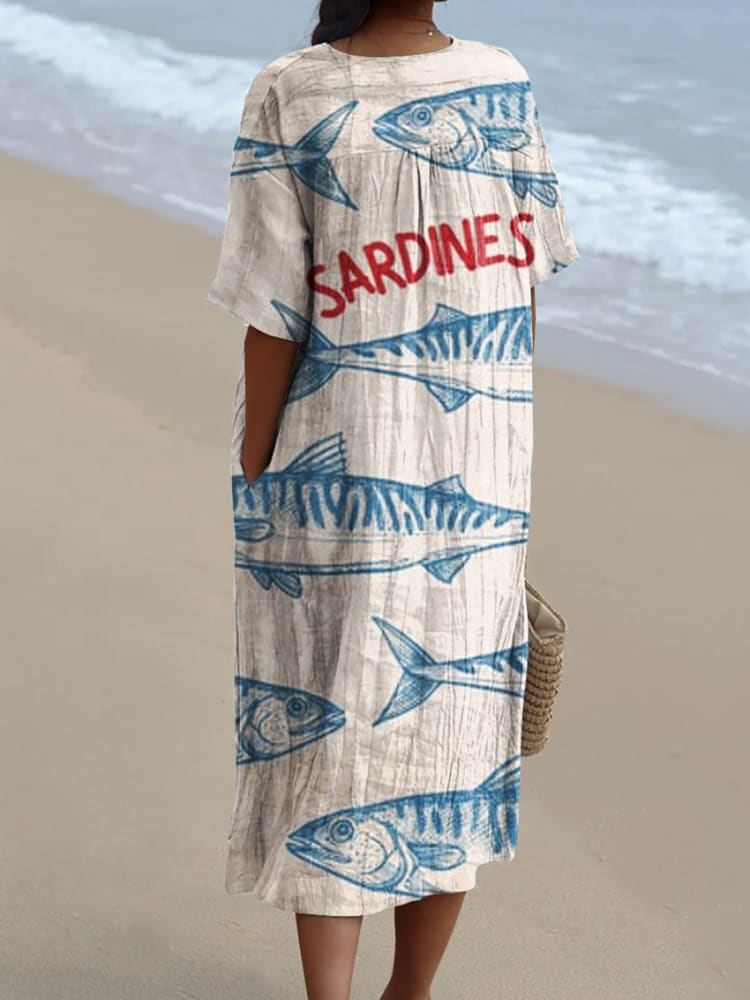 Women's Simple Blue Sardines Watercolor Splash Fluid Art Print Flowy Dress c2f5