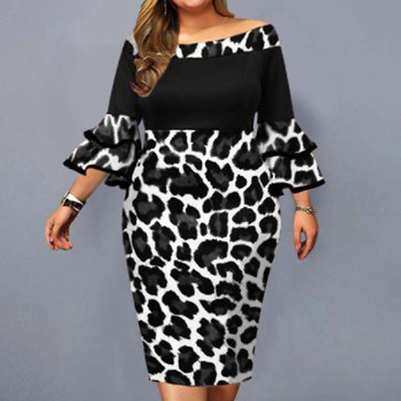 Women's Plus Size Work Dress Leopard Off Shoulder Ruffle 3/4 Length Sleeve Spring Fall Work Knee Length Dress Daily Vacation Dress / Print