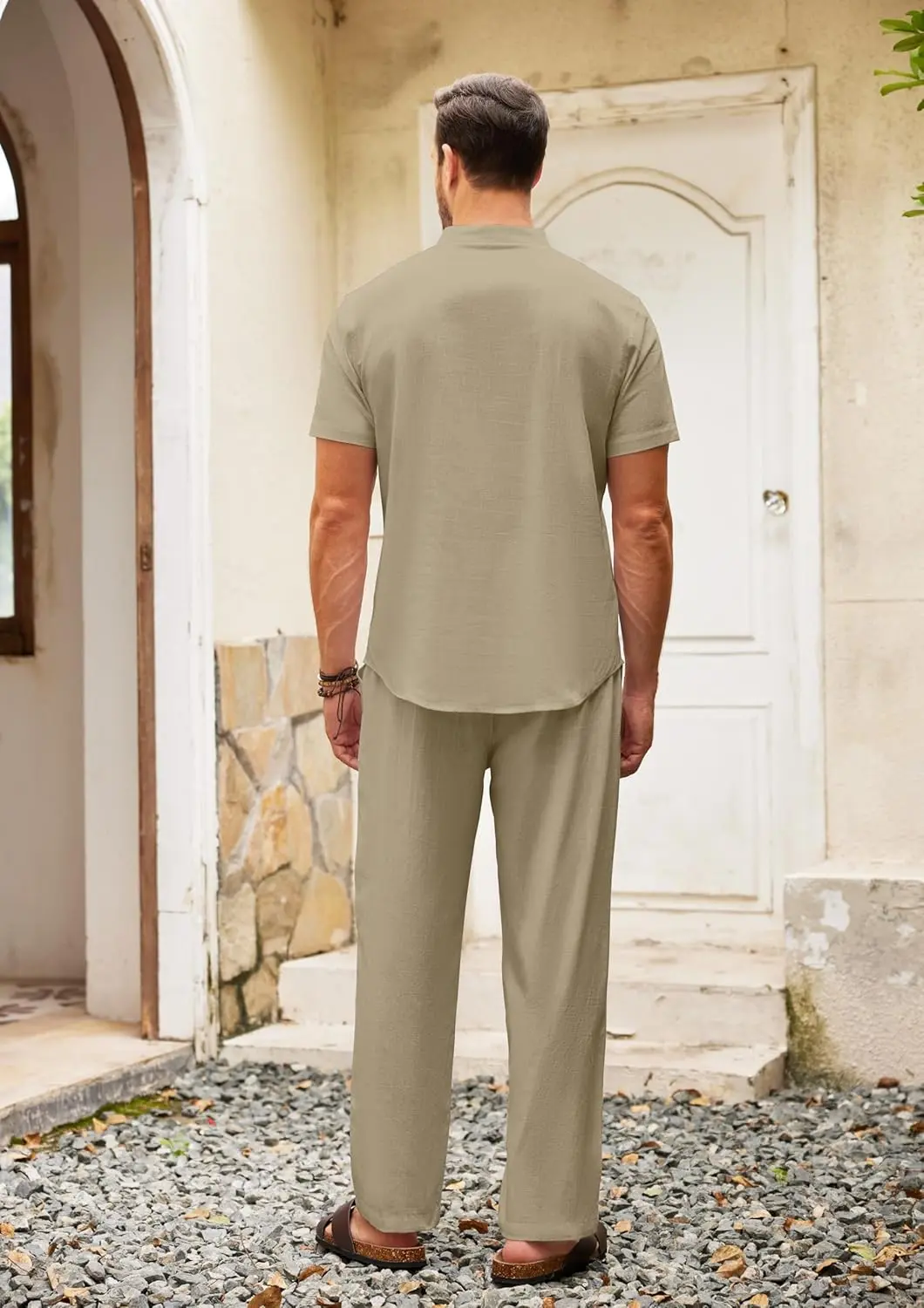 10 Pack-Men's 2 Pieces Cotton Linen Set Casual Short Sleeve Henley Shirts Beach Yoga Pants Summer Outfits