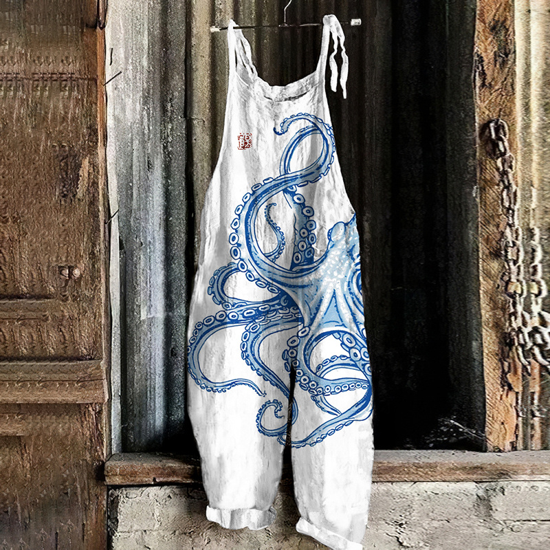 Vintage Japanese Art Octopus Print Casual Loose Jumpsuit 7e4f