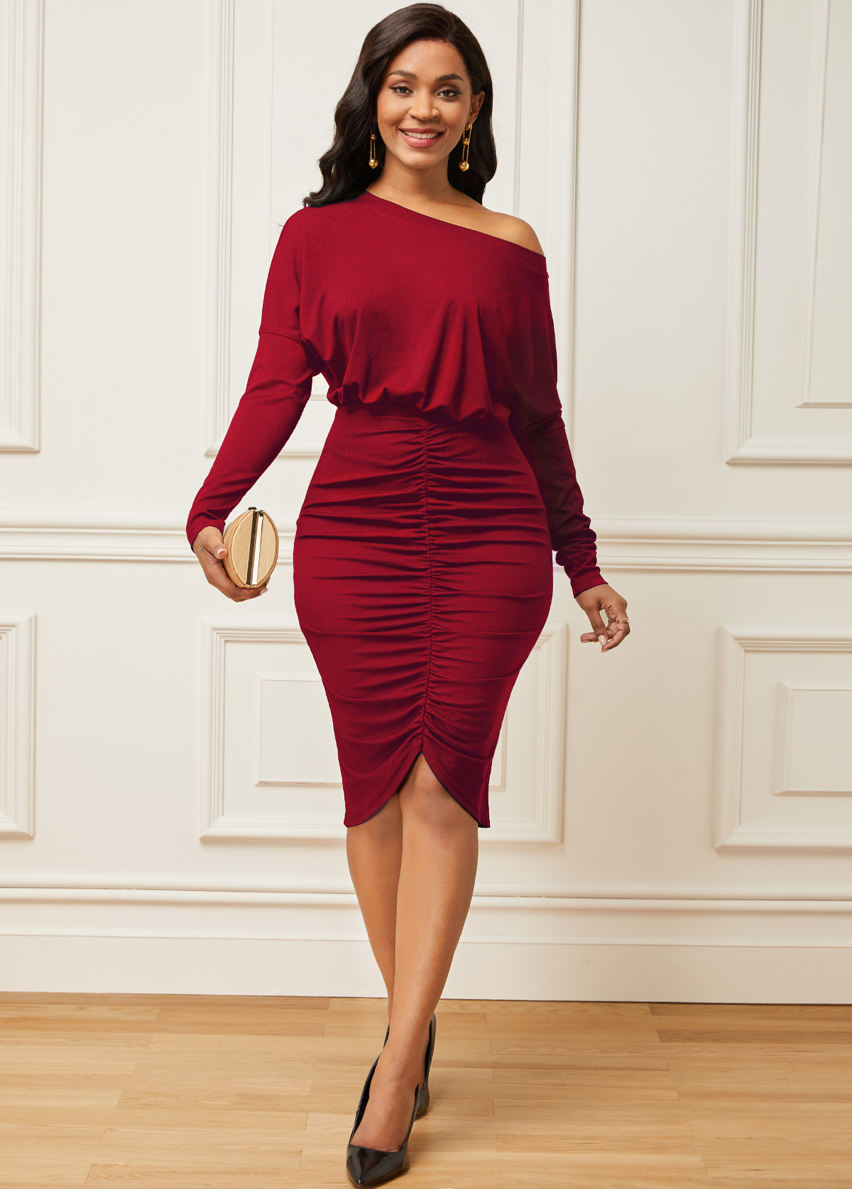 Skew Neck Ruched Cap Sleeve Dress
