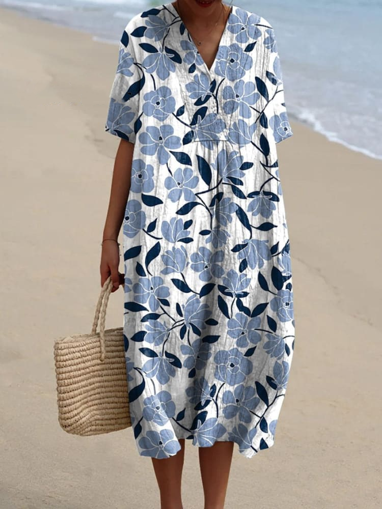 Spring Blue Floral Repeat Pattern Printed Women's Flowy Dress 9624