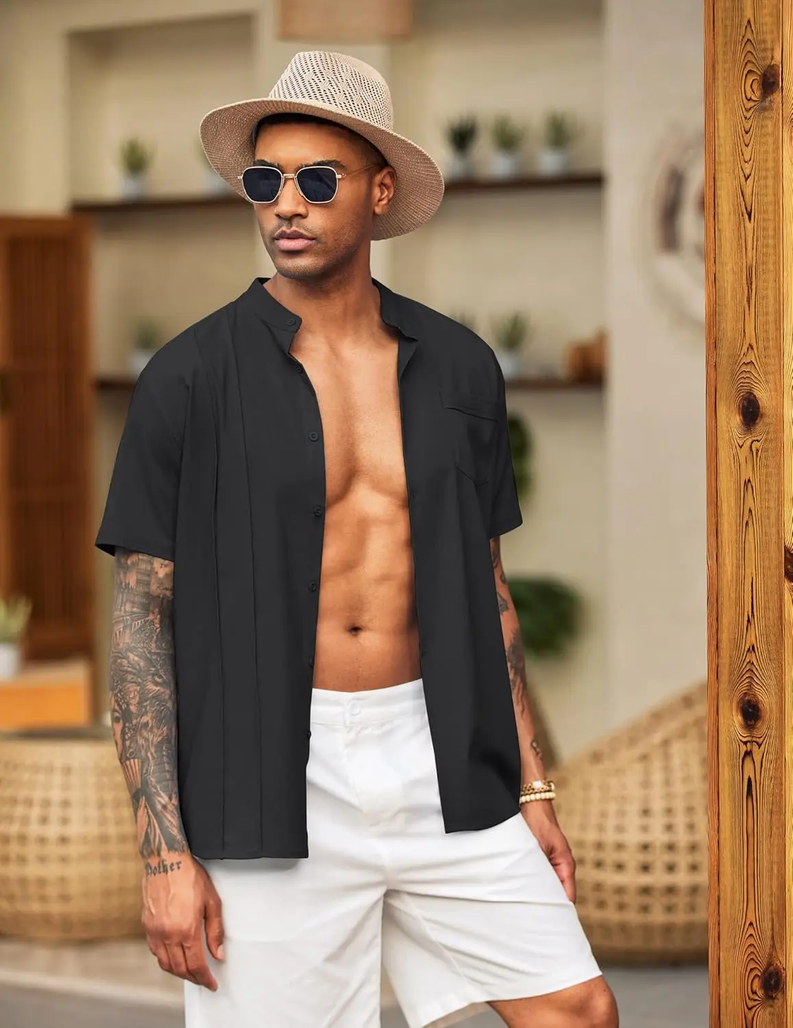 9 Pack-Men's Cuban Guayabera Shirt Cotton Linen Short Sleeve Button Down Shirts Casual Band Collar Summer Shirt