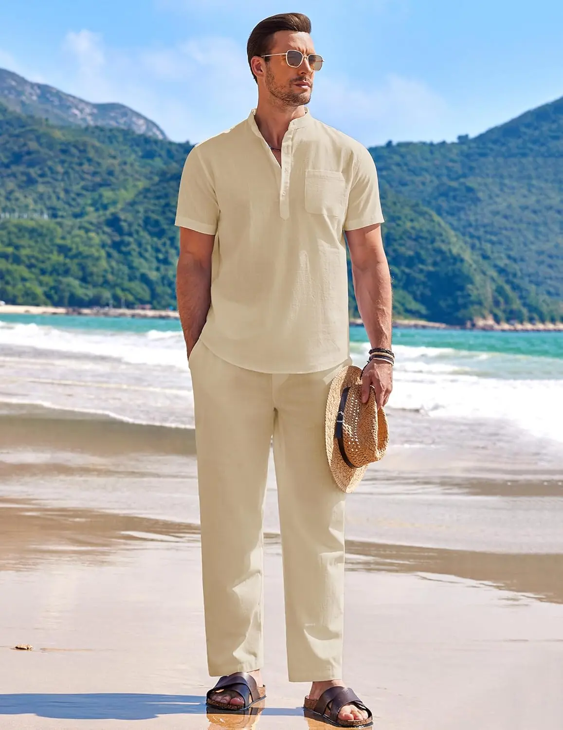 10 Pack-Men's 2 Pieces Cotton Linen Set Casual Short Sleeve Henley Shirts Beach Yoga Pants Summer Outfits