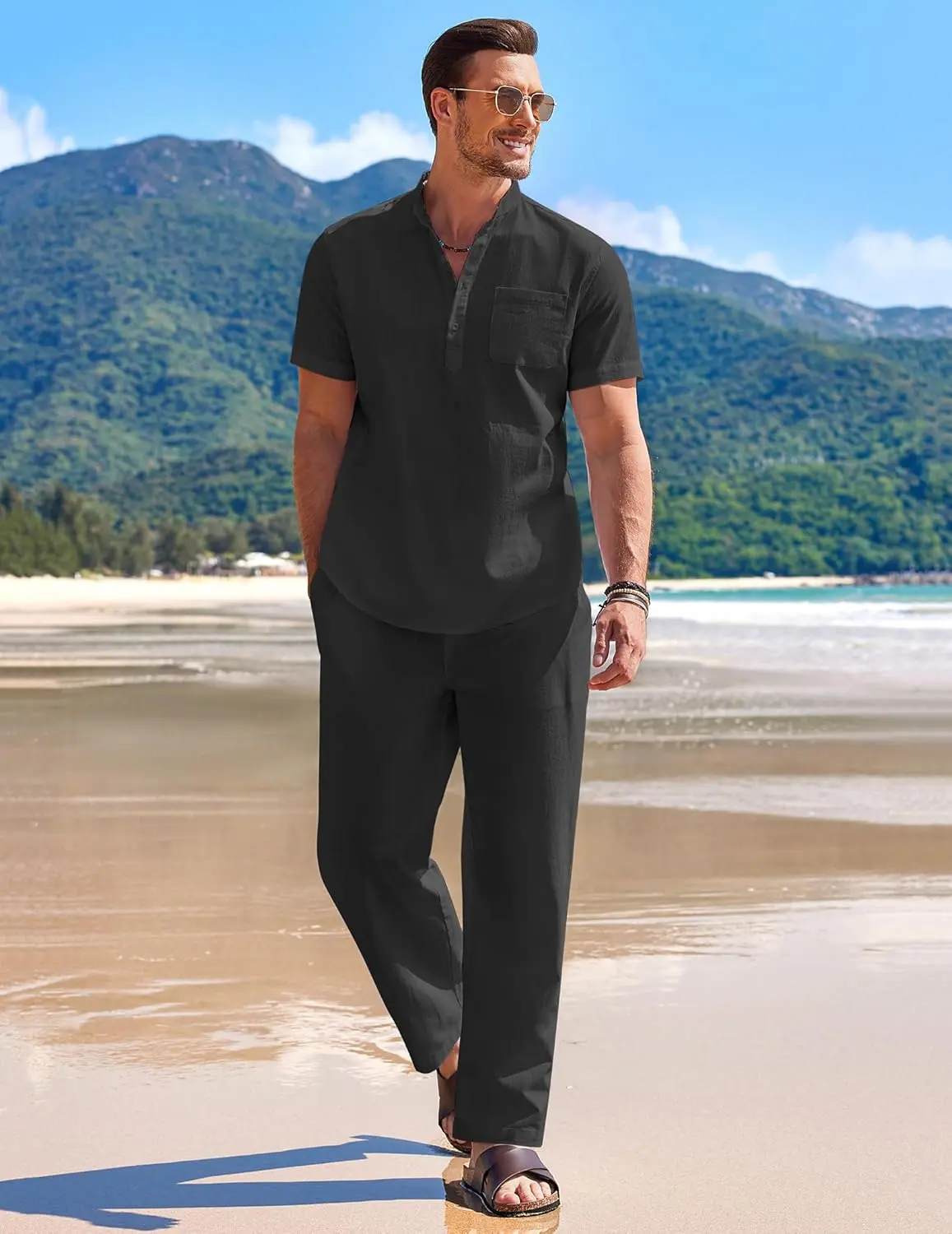 10 Pack-Men's 2 Pieces Cotton Linen Set Casual Short Sleeve Henley Shirts Beach Yoga Pants Summer Outfits