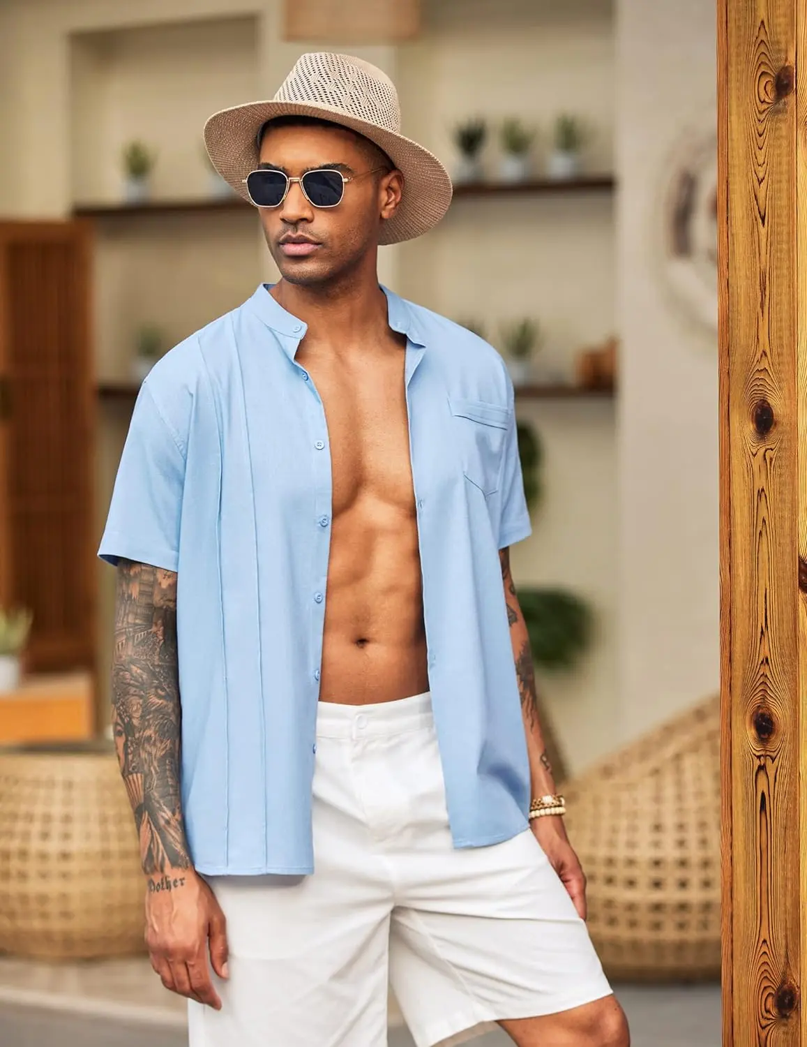 9 Pack-Men's Cuban Guayabera Shirt Cotton Linen Short Sleeve Button Down Shirts Casual Band Collar Summer Shirt