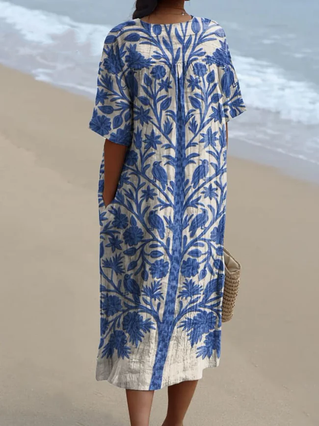 Women's Indian Art Floral Vintage Art Print Flowy Dress 26db