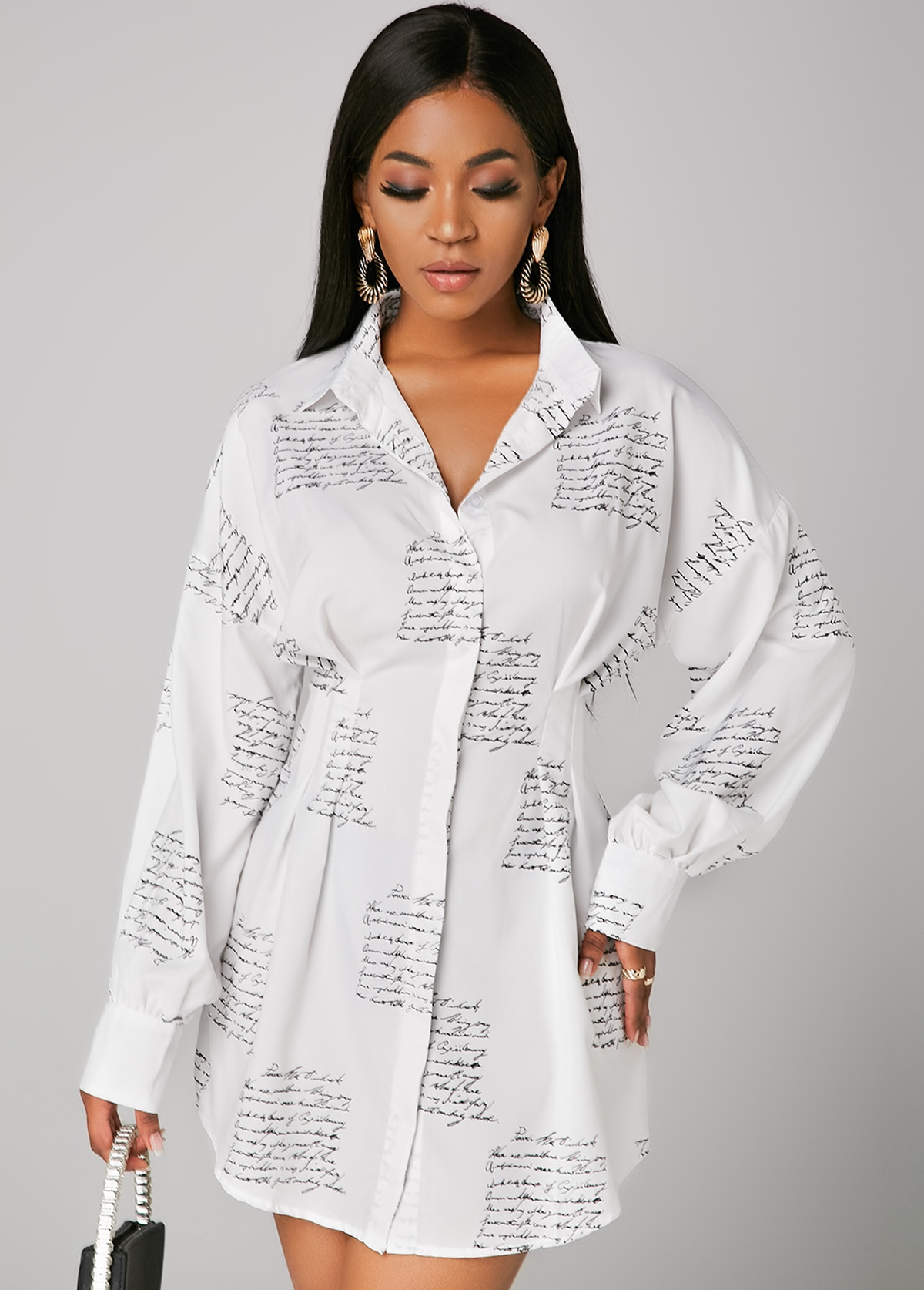 Button Up Turndown Collar Letter Print Shirt Dress