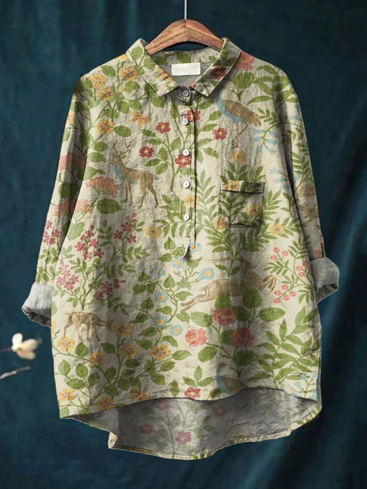 Women's Vintage Floral Animals Art Print Casual Cotton And Linen Shirt d54a