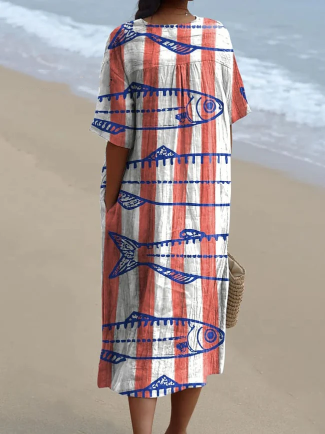 Women's Vintage Lovely Fish Art Print Flowy Dress 8030