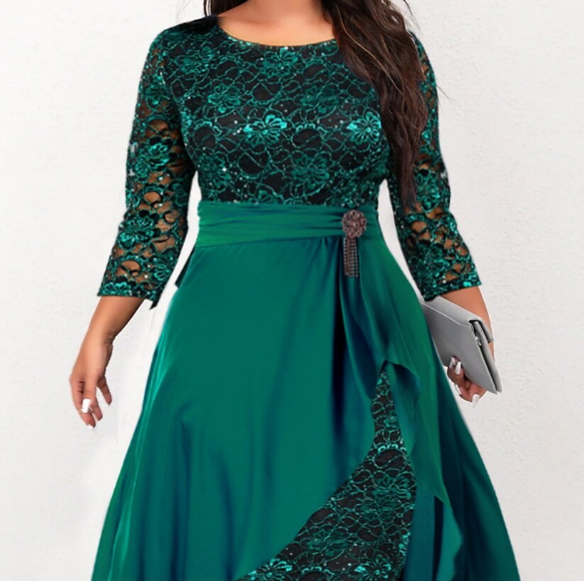 Women's Plus Size Party Dress Floral Crew Neck 3/4 Length Sleeve Fall Winter Stylish Formal Maxi long Dress Formal Party Dress
