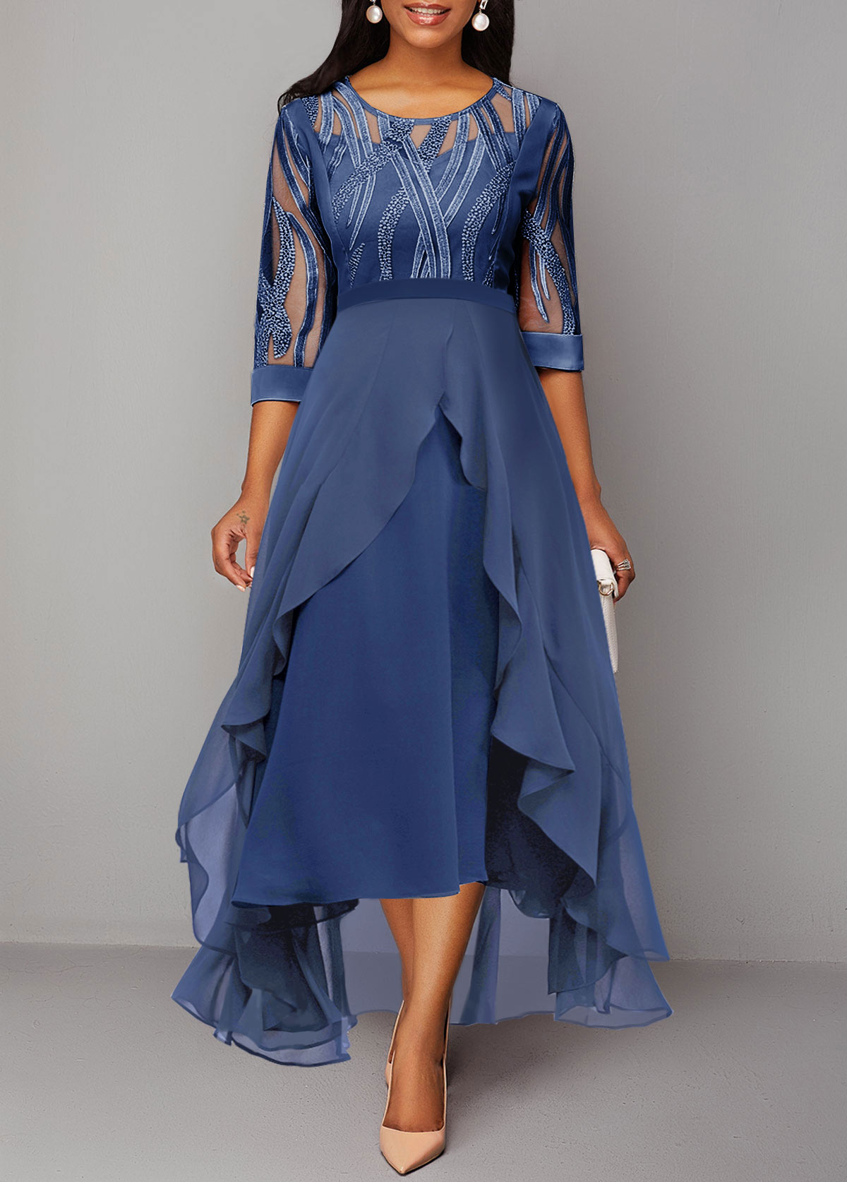 Sequin Blue Mesh Stitching High Low Dress