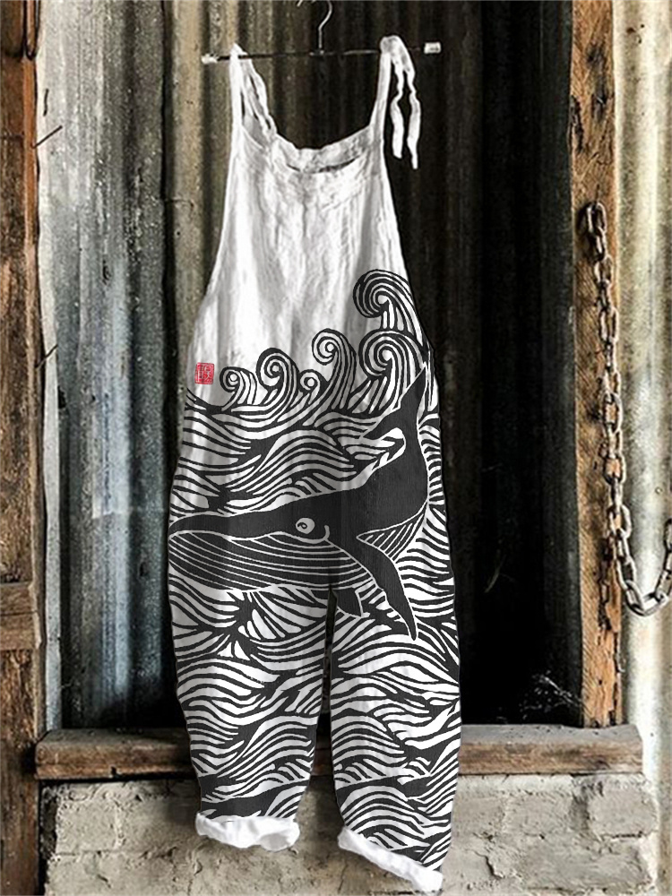 Whale & Waves Japanese Lino Art Jumpsuit d611