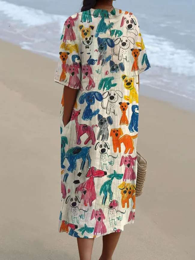Women's Cute Kid Drawing Dog Print V Neck Vintage Linen Loose Dress a1be