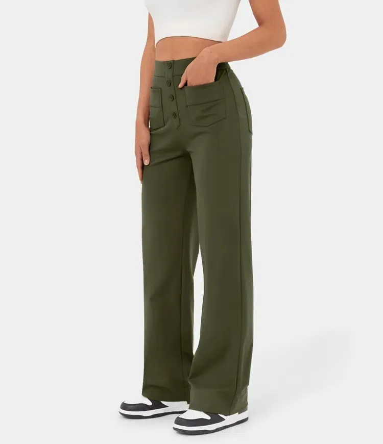 💖Today’s Promotion💐High Waisted Button Multiple Pockets Straight Leg Casual Pants