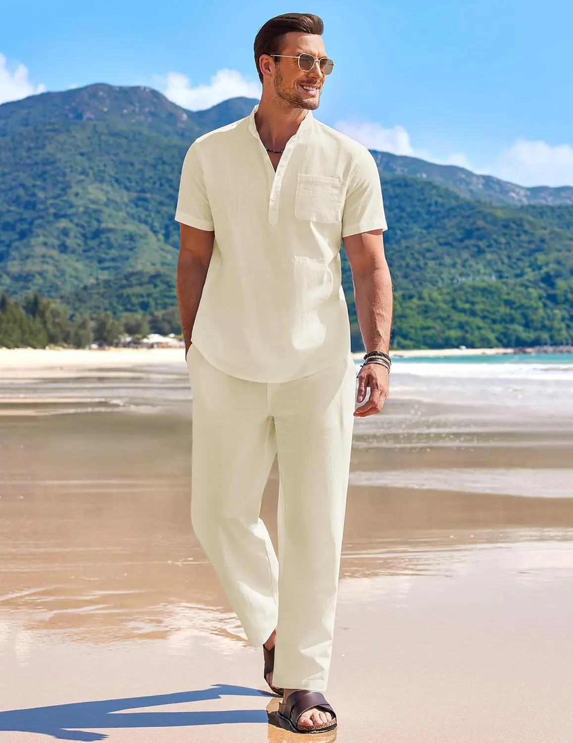 10 Pack-Men's 2 Pieces Cotton Linen Set Casual Short Sleeve Henley Shirts Beach Yoga Pants Summer Outfits