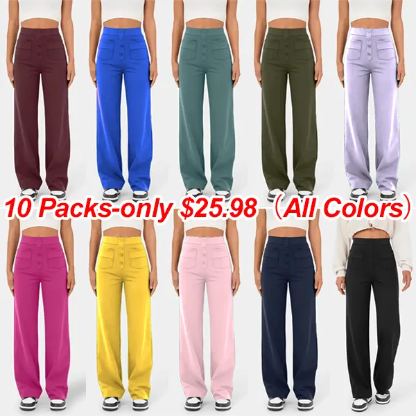 💖Today’s Promotion💐High Waisted Button Multiple Pockets Straight Leg Casual Pants