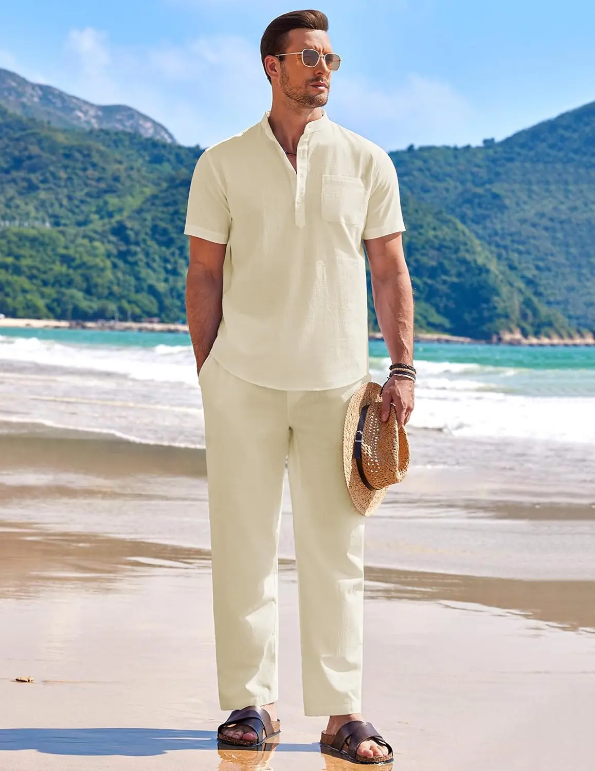 10 Pack-Men's 2 Pieces Cotton Linen Set Casual Short Sleeve Henley Shirts Beach Yoga Pants Summer Outfits