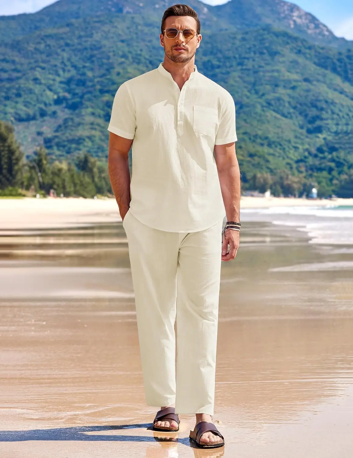 10 Pack-Men's 2 Pieces Cotton Linen Set Casual Short Sleeve Henley Shirts Beach Yoga Pants Summer Outfits