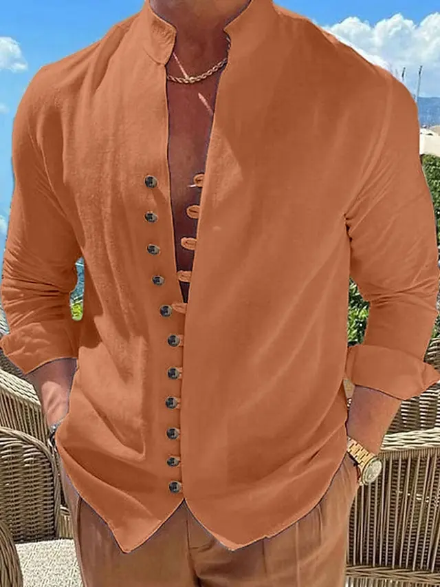 8 PACK-Men's Shirt Linen Shirt Summer Shirt Button Up Shirt Casual Shirt Black White Pink Blue Long Sleeve Plain Band Collar Summer Spring &  Fall Daily Vacation Clothing Apparel