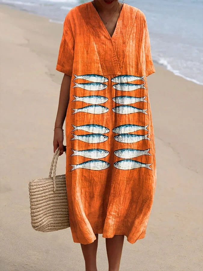 Women's Vintage Fish Art Print V-Neck Dress 966d