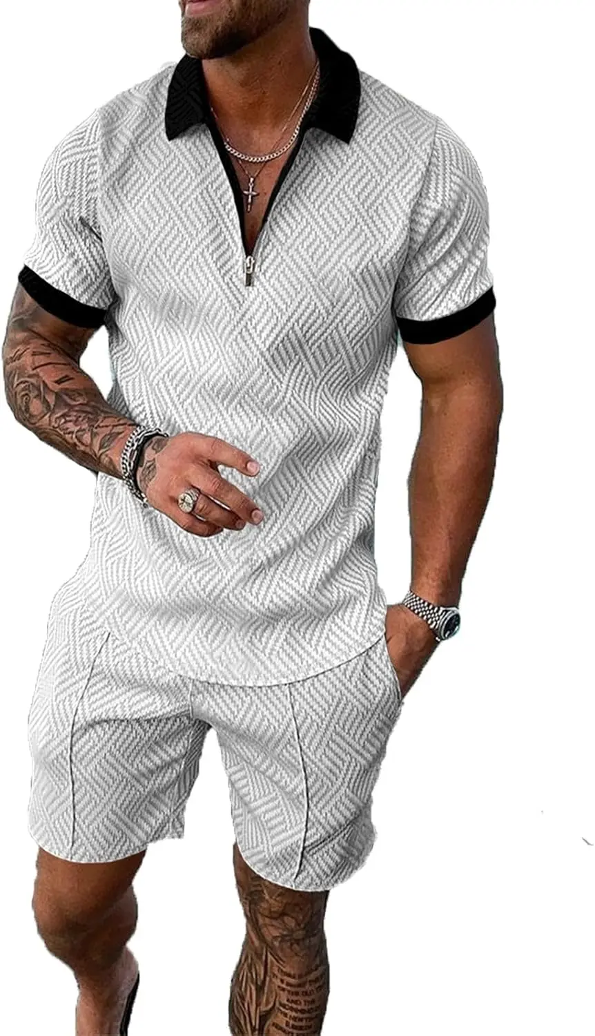 18 Pack Men Track Suits 2 Piece Set Summer Casual Outfits Fashion Polo Shirts Short Sleeve and Shorts Set Vacation Clothes