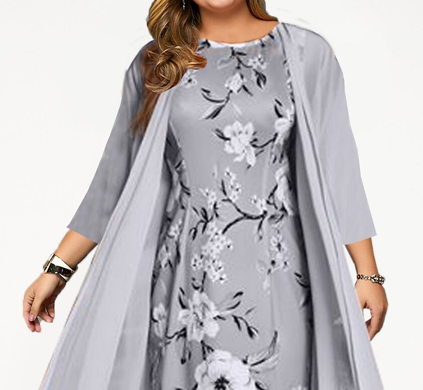 Women's Plus Size Dress Set Floral Round Neck 3/4 Length Sleeve Formal Dress