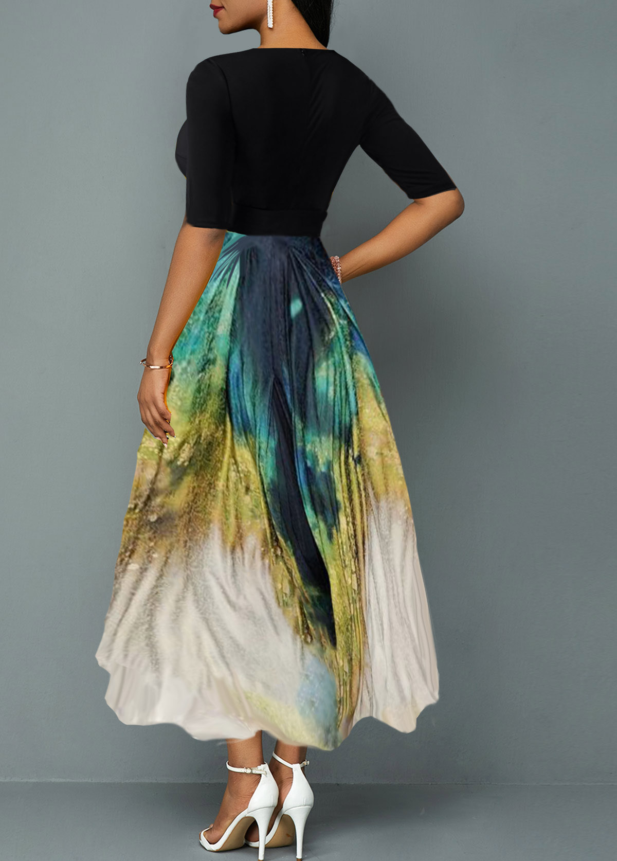 Belted Tie Dye Print Plunging Neck Maxi Dress