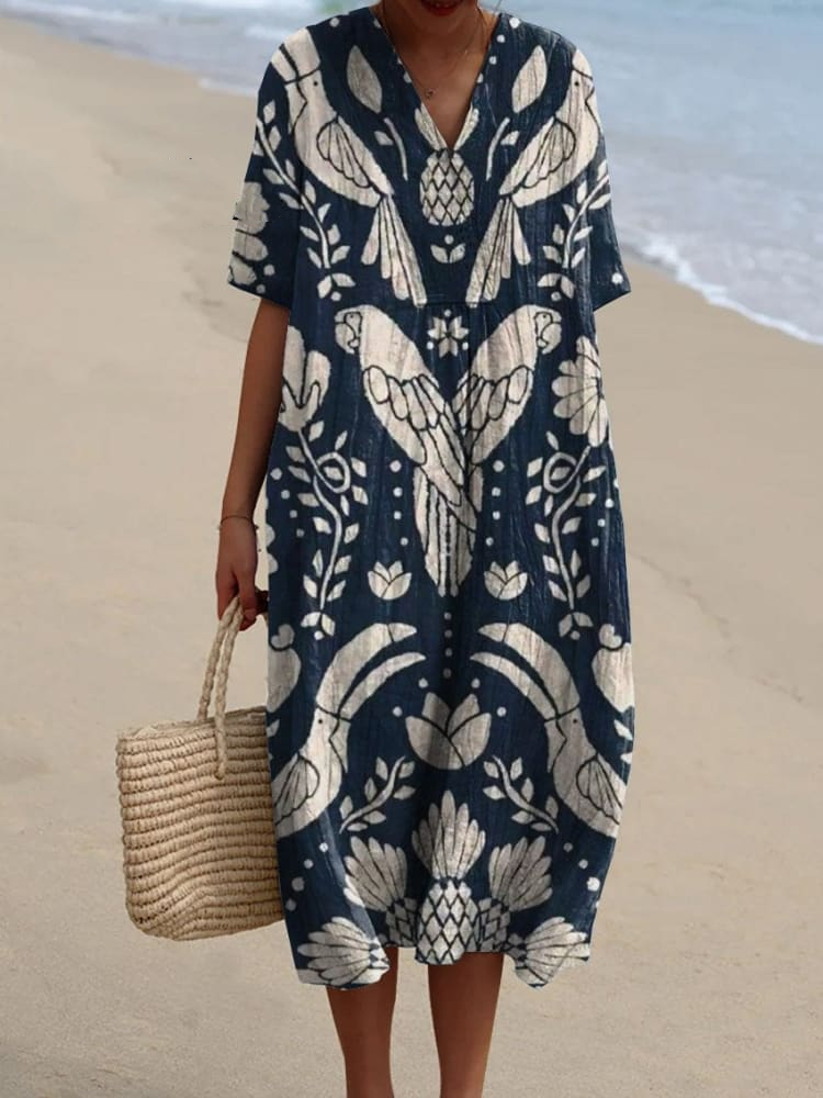 Women's Vintage Ethnic Lovely Birds Art Print Flowy Dress 5d14