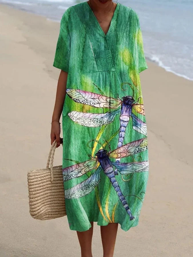 Women's Dragonfly Print Casual V Neck Dress 587a