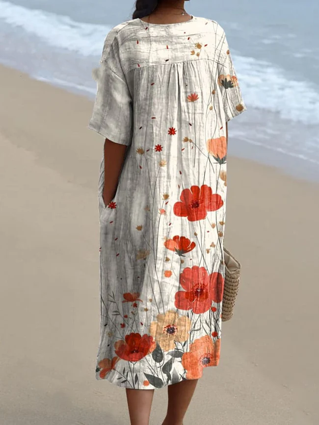 Watercolor Poppy Floral Art Pattern Printed Women's Flowy Dress 8719