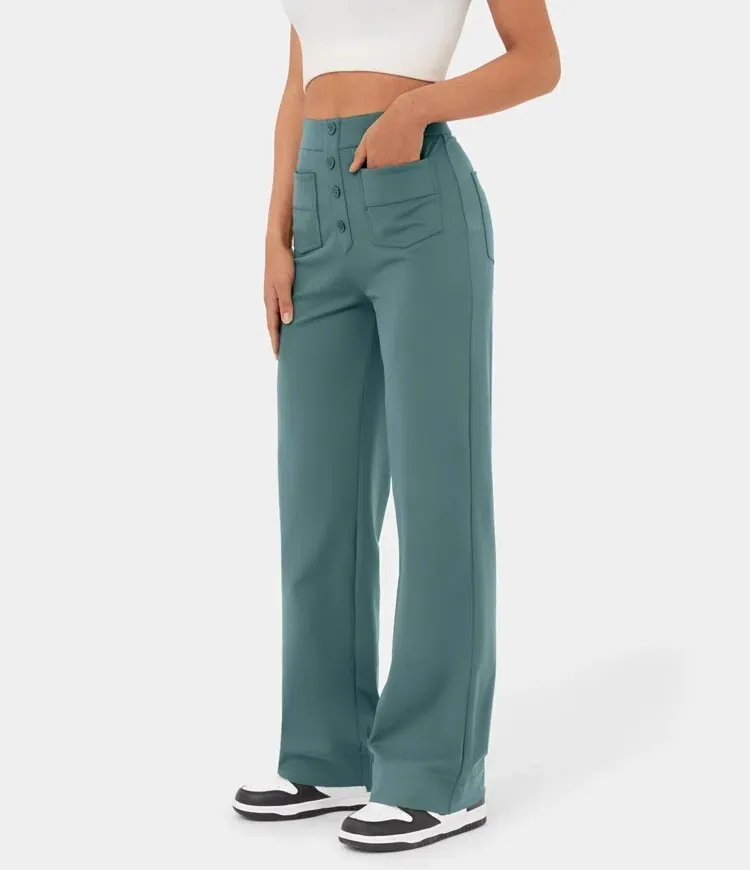 💖Today’s Promotion💐High Waisted Button Multiple Pockets Straight Leg Casual Pants