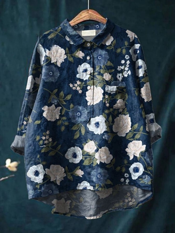 Women's Floral Art Print Casual Cotton And Linen Shirt 5c64