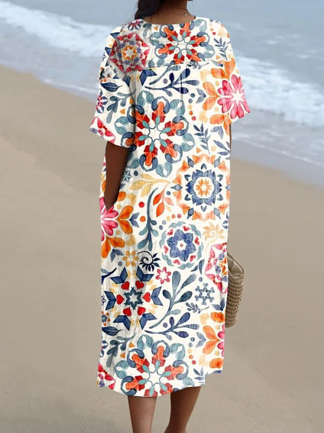 Women's Colorful Watercolor Vintage Floral Print Pocket Linen Dress 67e7