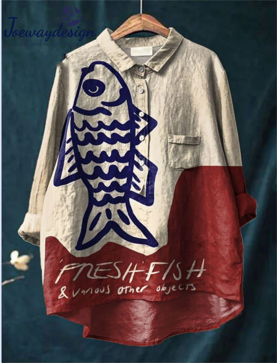 Women's Vintage Fish Art Print Casual Cotton And Linen Shirt 380b