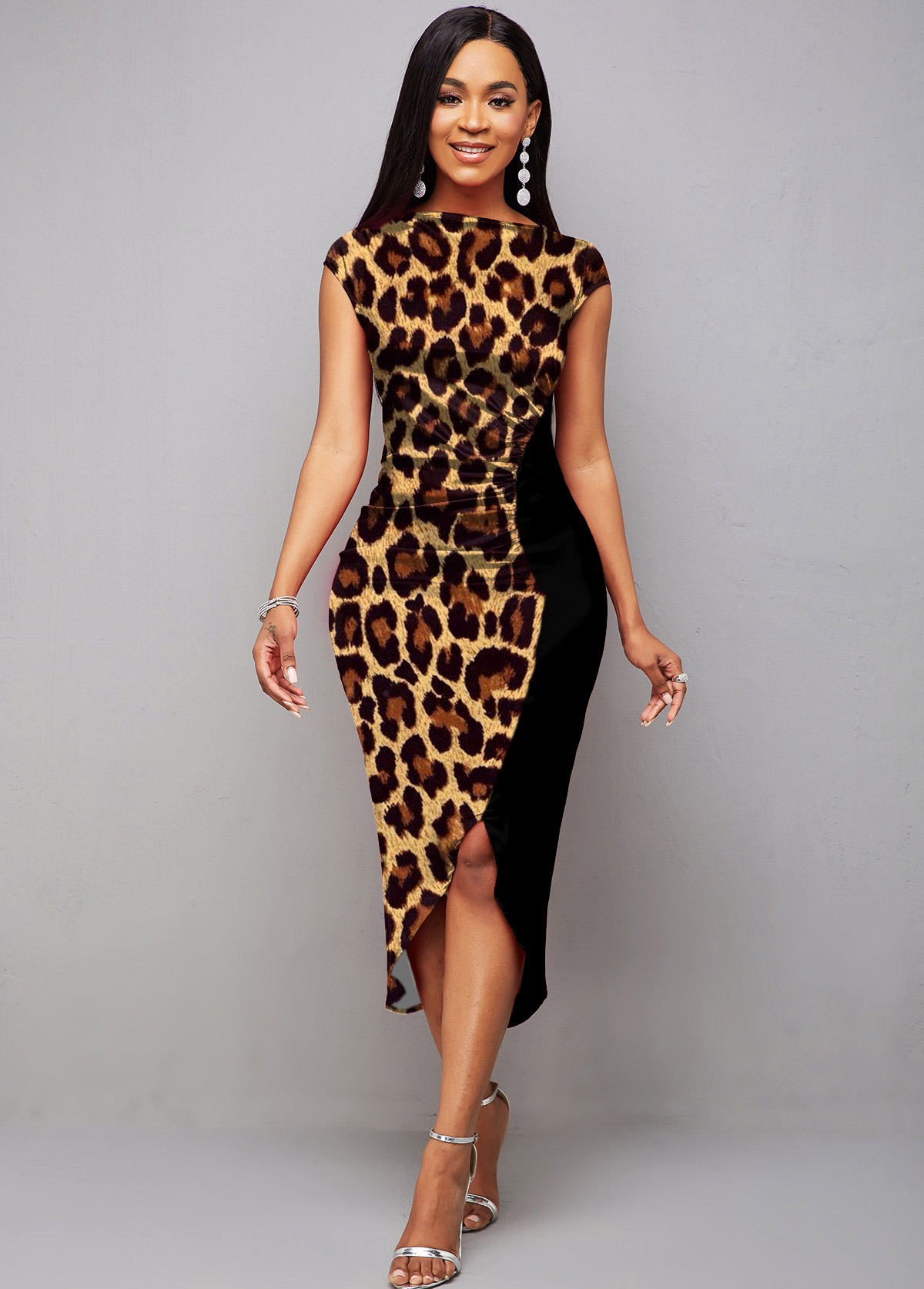 Short Sleeve Boat Neck Leopard Dress
