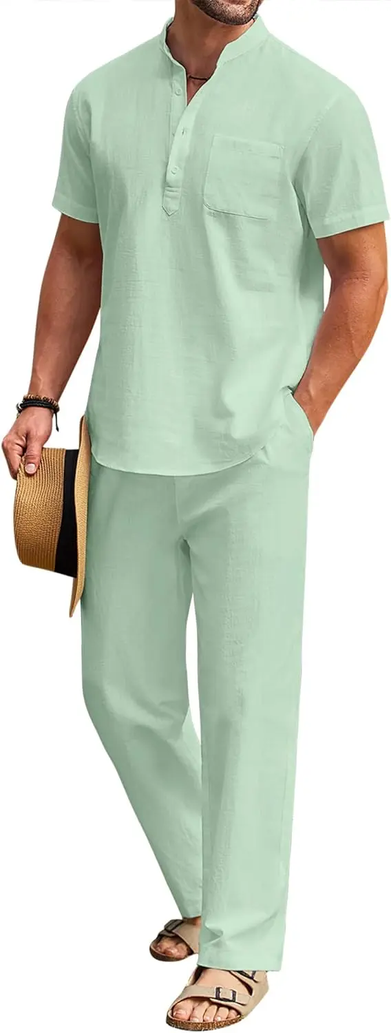 10 Pack-Men's 2 Pieces Cotton Linen Set Casual Short Sleeve Henley Shirts Beach Yoga Pants Summer Outfits