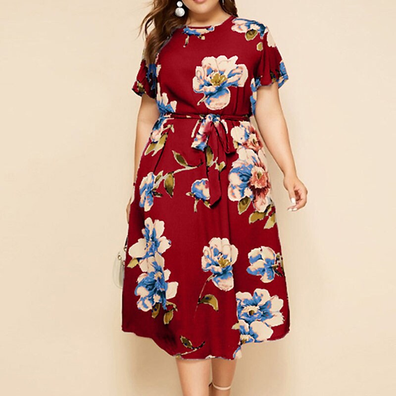 Women's Plus Size A Line Dress Floral Casual Midi Dress