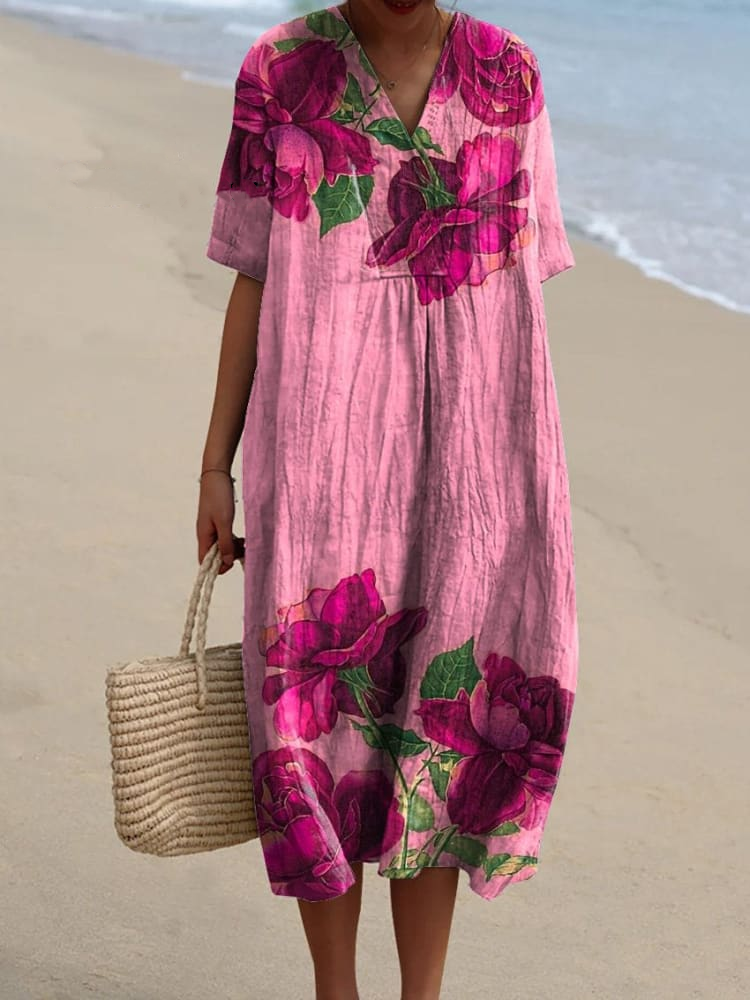 Large Rose Floral Art Printed Women's Flowy Dress 2693