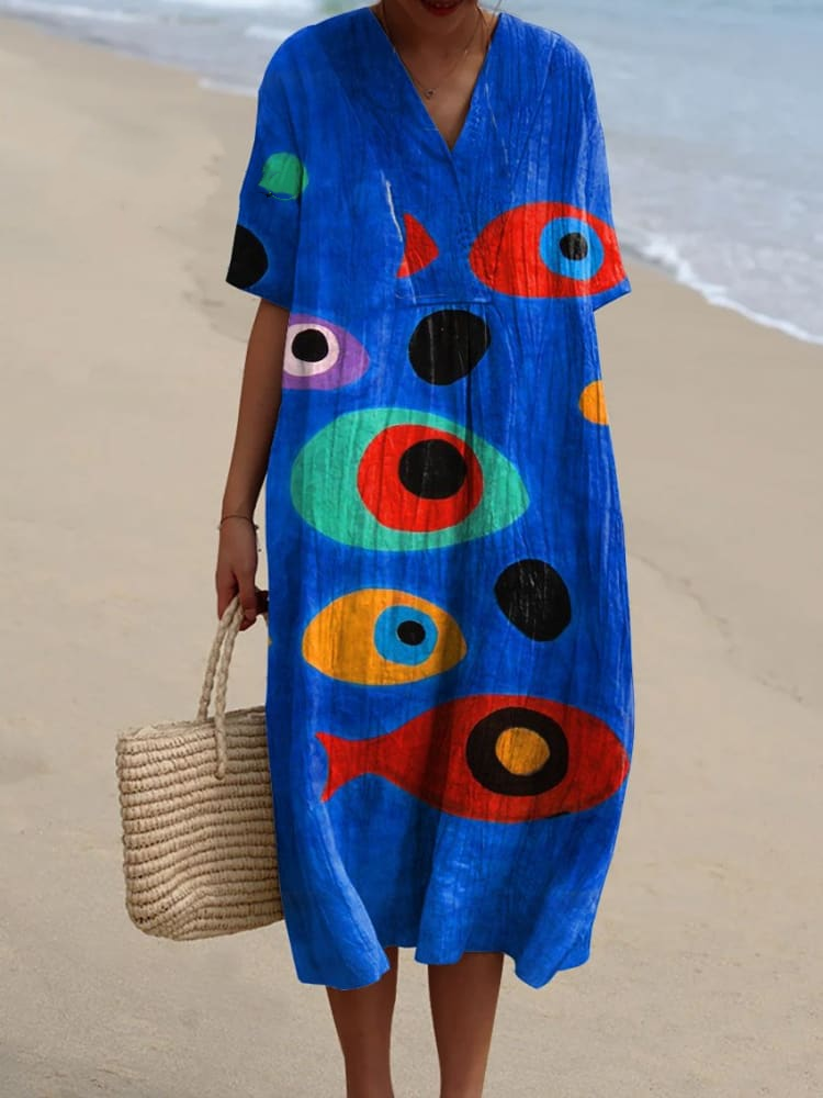 Women's Vintage Lovely Fish Art Print Flowy Dress 1c5e