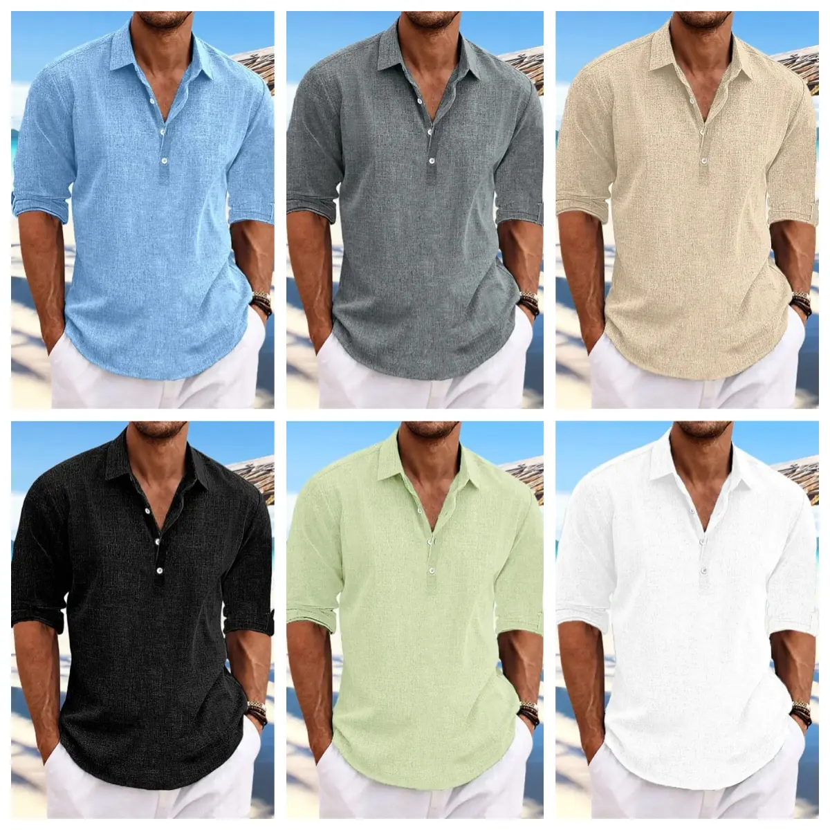 6 PACK-Men's Shirt Linen Shirt Summer Shirt Beach Wear Black White Blue Green Long Sleeve Plain Lapel Spring & Summer Casual Daily Clothing Apparel