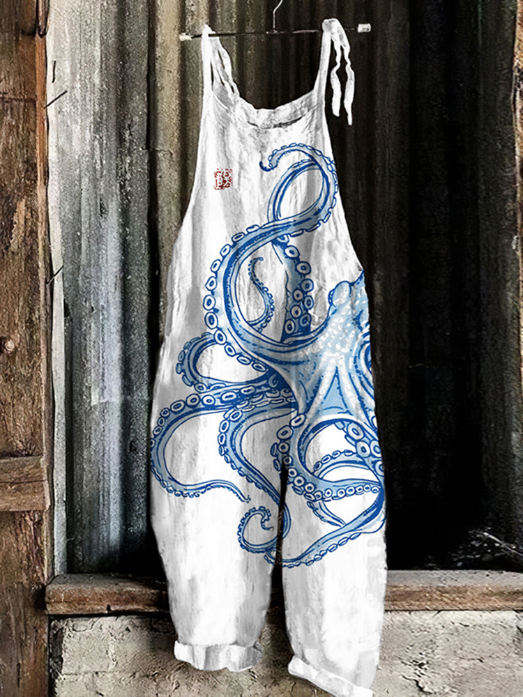 Vintage Japanese Art Octopus Print Casual Loose Jumpsuit 7e4f