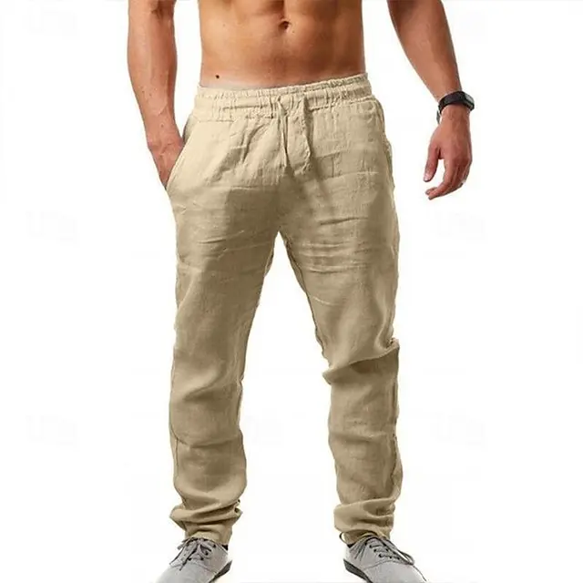 10 PACK-Men's Linen Pants Trousers Beach Pants Pocket Drawstring Elastic Waistband Plain Comfort Breathable Daily Stylish Hip Hop Light Khaki Black Micro-elastic