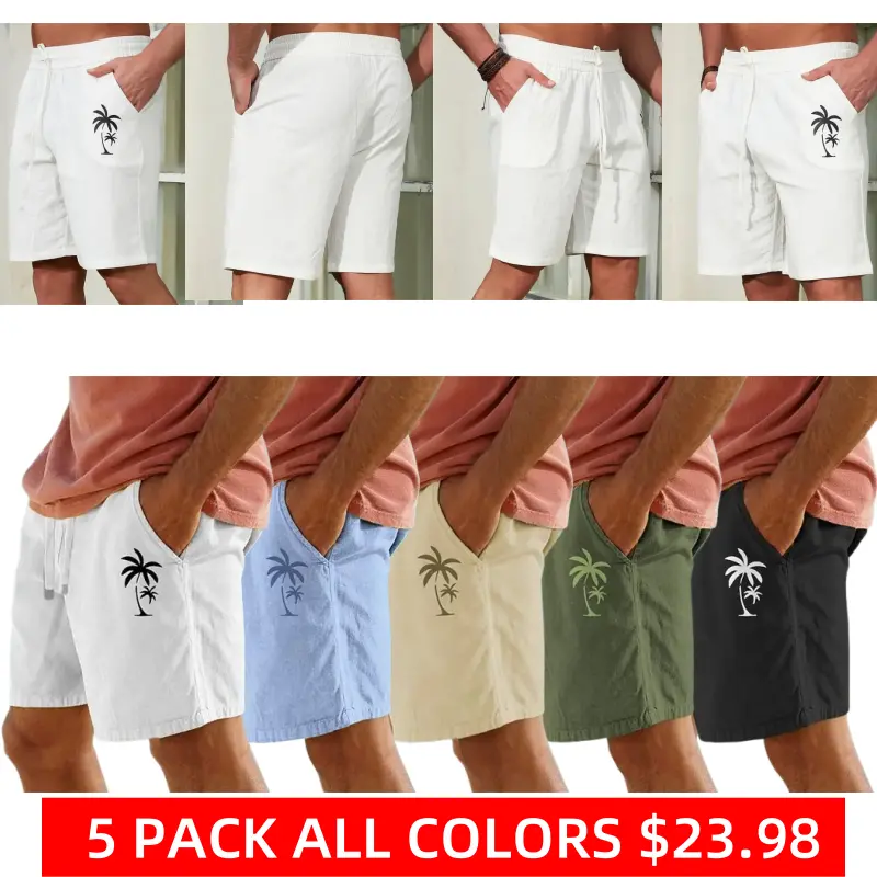 5 PACK-Men's Cotton Shorts Summer Shorts Beach Shorts Drawstring Elastic Waist 3D Print Graphic Coconut Tree Breathable Soft Short Casual Daily Holiday Streetwear Hawaiian Black White Micro-elastic