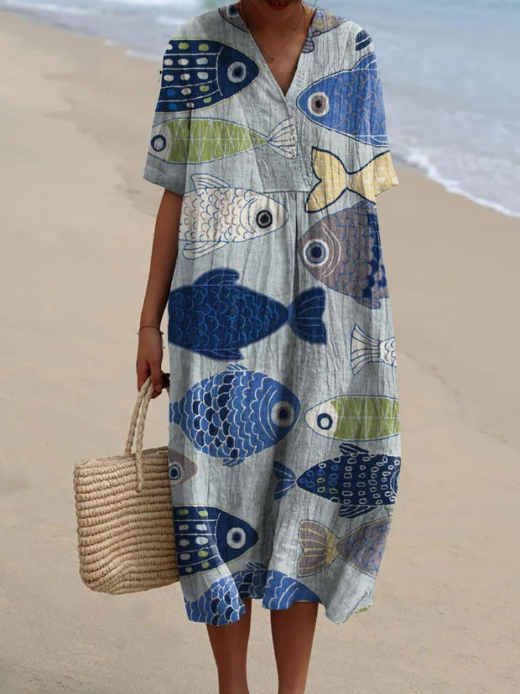 Women's Vintage Lovely Fish Art Print Flowy Dress d6b8