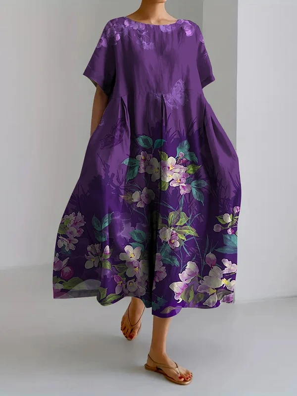 Women's Retro Botanical Floral Design Printed Casual Loose Dress 237e