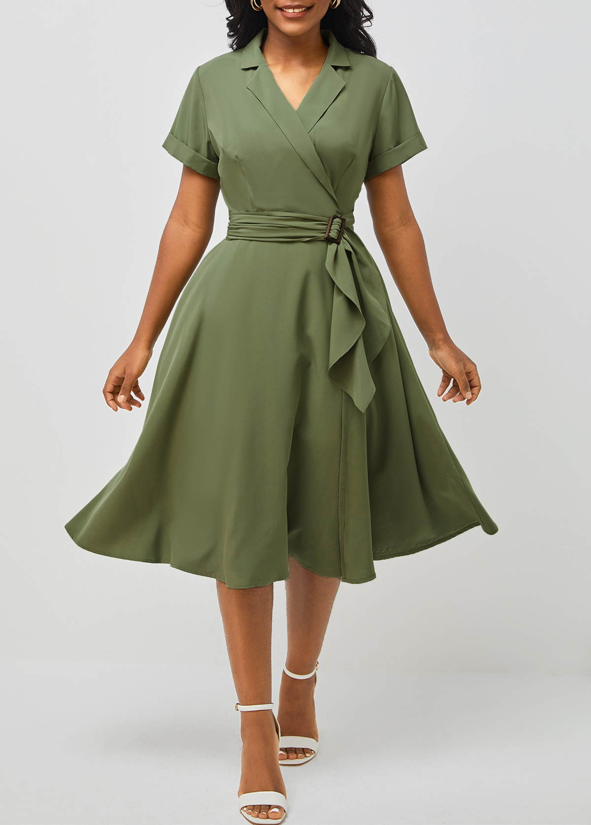 Notch Collar Short Sleeve Army Green Dress